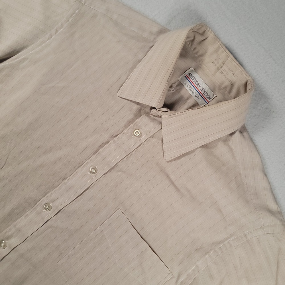 American Edition Vintage Button Down Shirt Mens 16 Tan Pinstripe Regular Fit USA